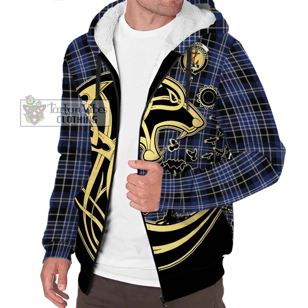 Clark (Clarke) Tartan Sherpa Hoodie with Family Crest Celtic Wolf Style Unisex S - Tartan Vibes Clothing