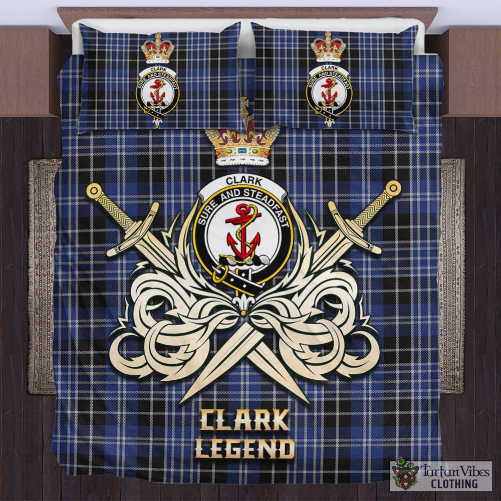 Tartan Vibes Clothing Clark Tartan Bedding Set with Clan Crest and the Golden Sword of Courageous Legacy