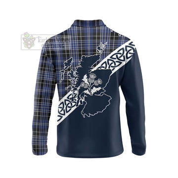 Clark (Clarke) Tartan Long Sleeve Polo Shirt Featuring Thistle and Scotland Map