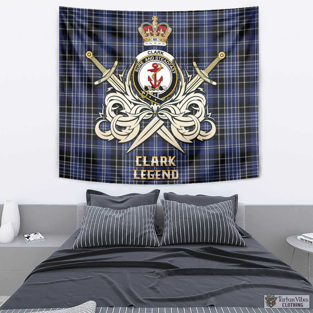 Tartan Vibes Clothing Clark Tartan Tapestry with Clan Crest and the Golden Sword of Courageous Legacy