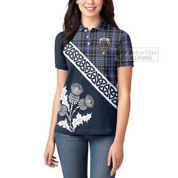 Clark (Clarke) Tartan Women's Polo Shirt Featuring Thistle and Scotland Map