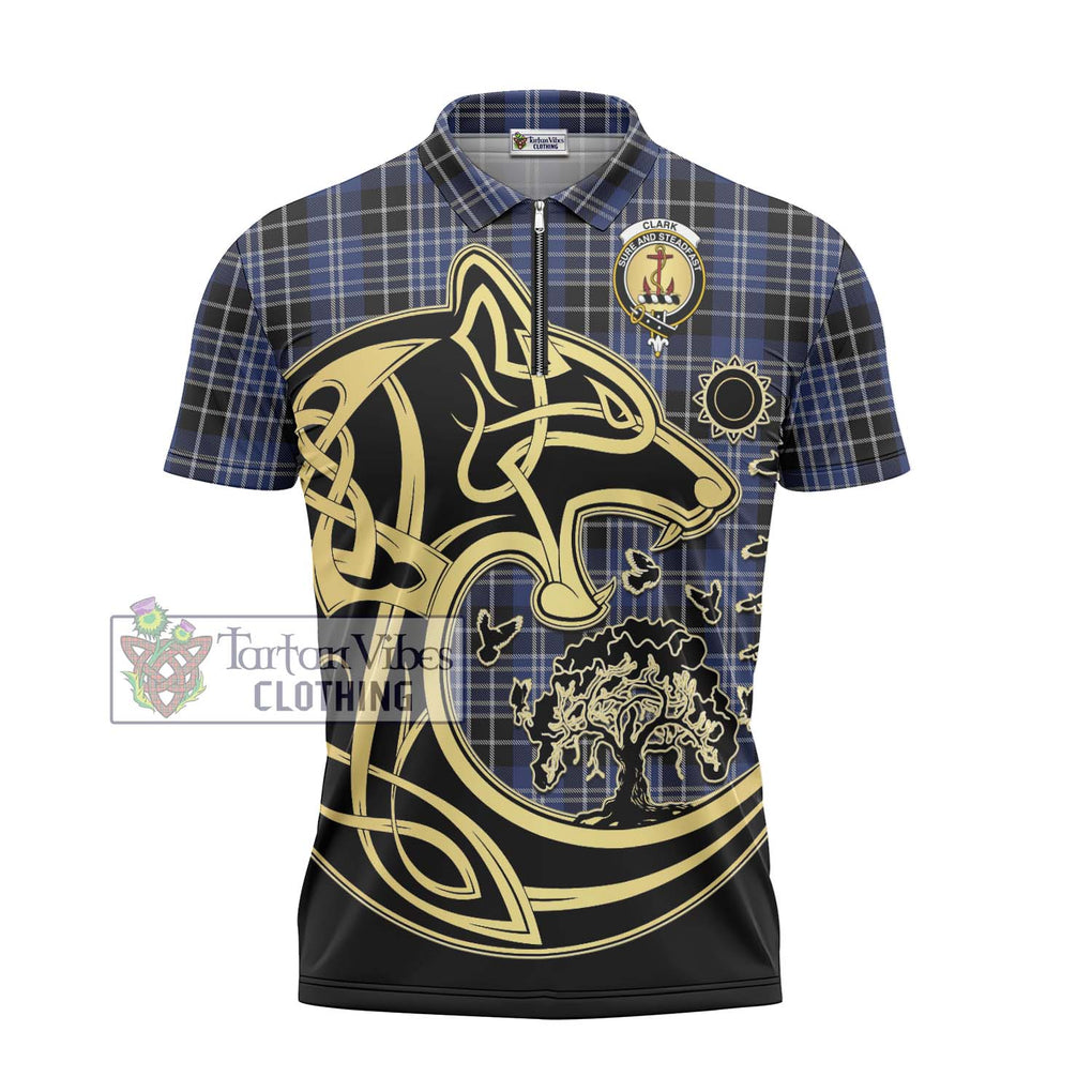 Clark (Clarke) Tartan Zipper Polo Shirt with Family Crest Celtic Wolf Style - Tartanvibesclothing Shop