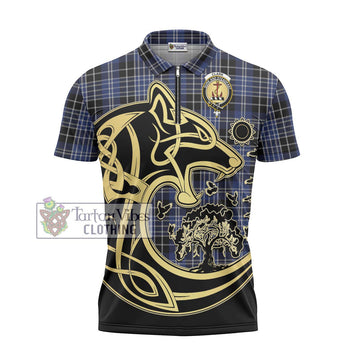 Clark (Clarke) Tartan Zipper Polo Shirt with Family Crest Celtic Wolf Style