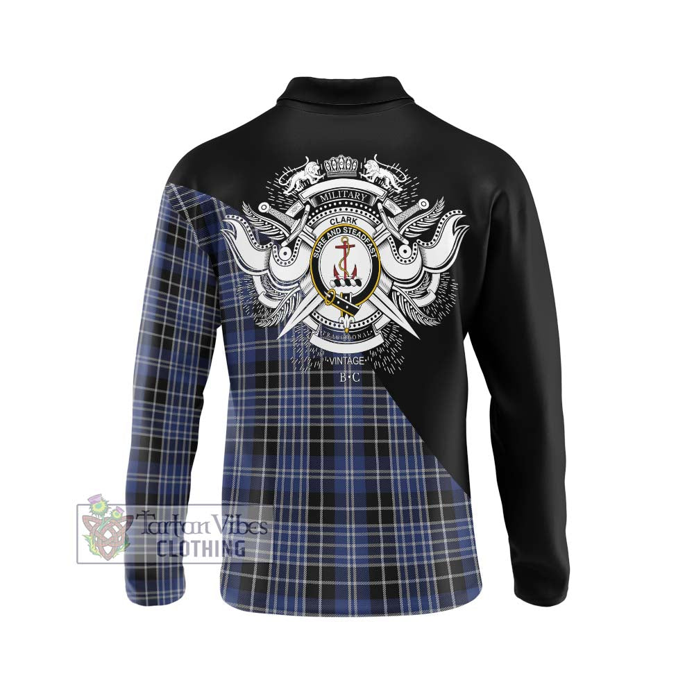 Clark (Clarke) Tartan Long Sleeve Polo Shirt with Family Crest and Military Logo Style - Tartanvibesclothing Shop