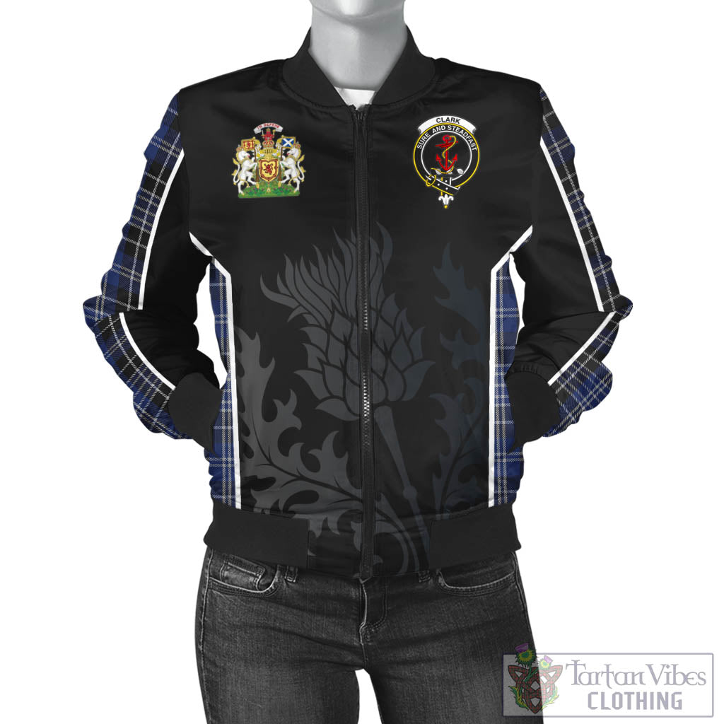 Tartan Vibes Clothing Clark Tartan Bomber Jacket with Family Crest and Scottish Thistle Vibes Sport Style