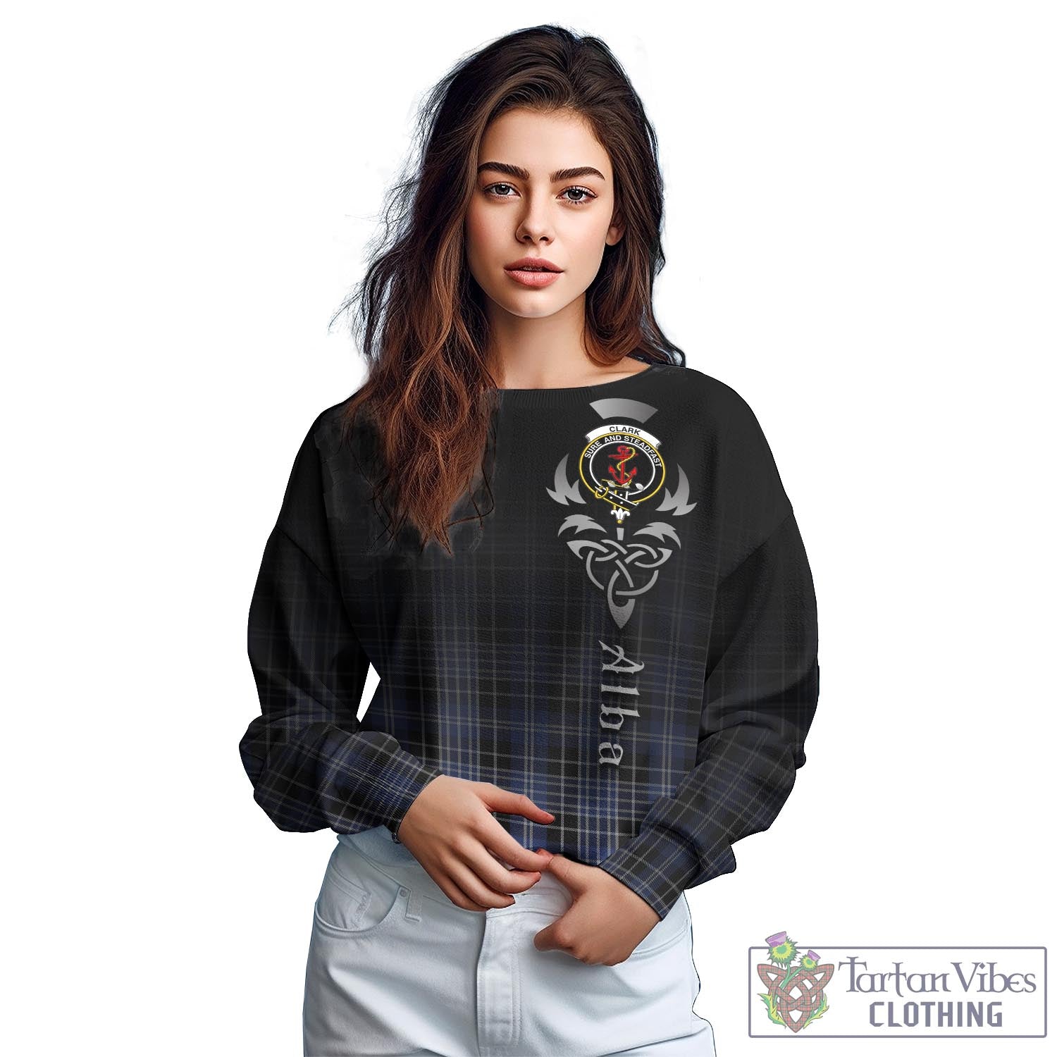 Tartan Vibes Clothing Clark Tartan Sweatshirt Featuring Alba Gu Brath Family Crest Celtic Inspired