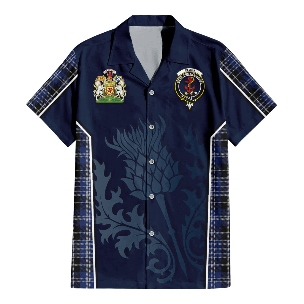 Tartan Vibes Clothing Clark Tartan Short Sleeve Button Up Shirt with Family Crest and Scottish Thistle Vibes Sport Style