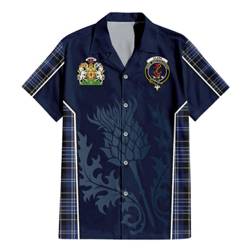 Clark (Clarke) Tartan Short Sleeve Button Up Shirt with Family Crest and Scottish Thistle Vibes Sport Style