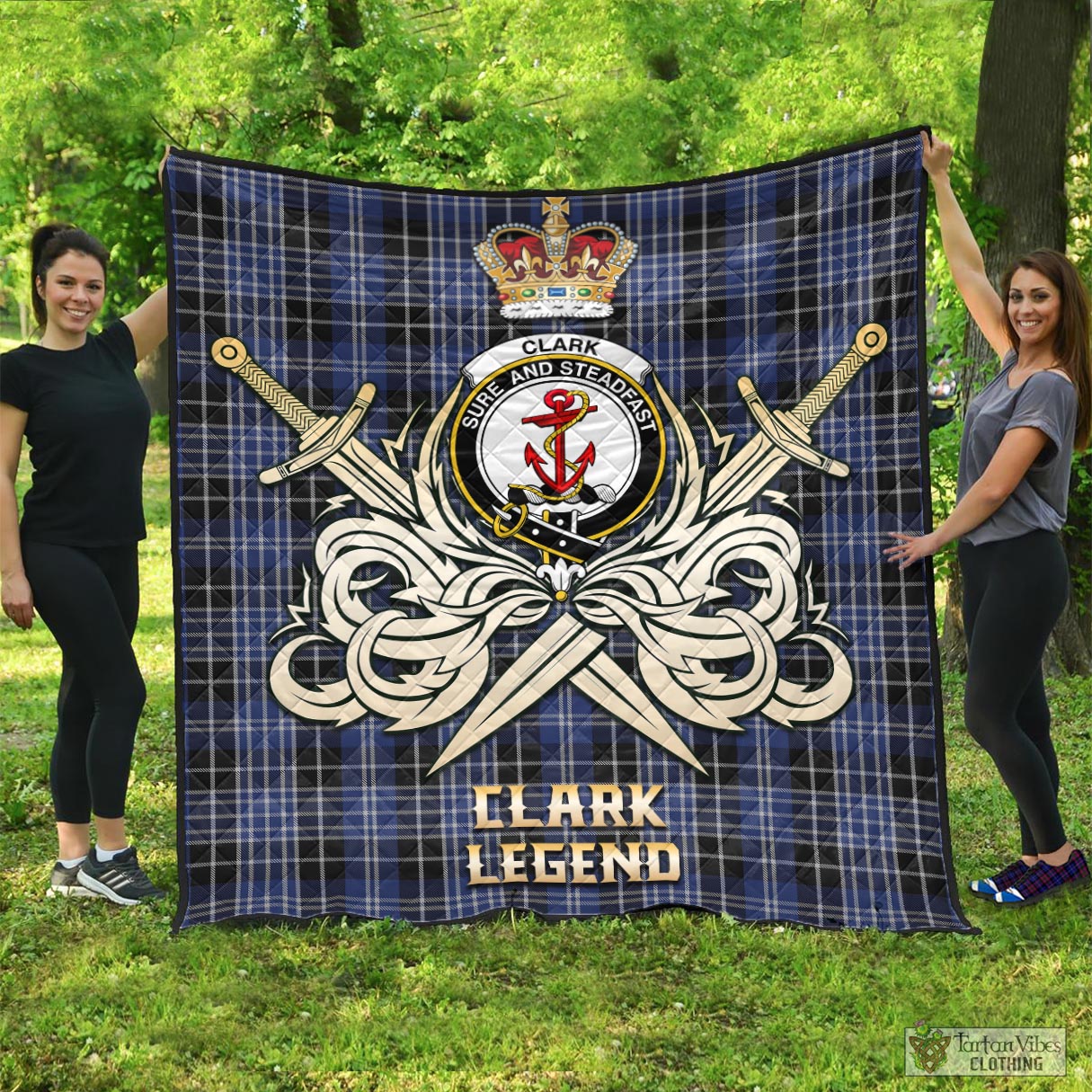 Tartan Vibes Clothing Clark Tartan Quilt with Clan Crest and the Golden Sword of Courageous Legacy