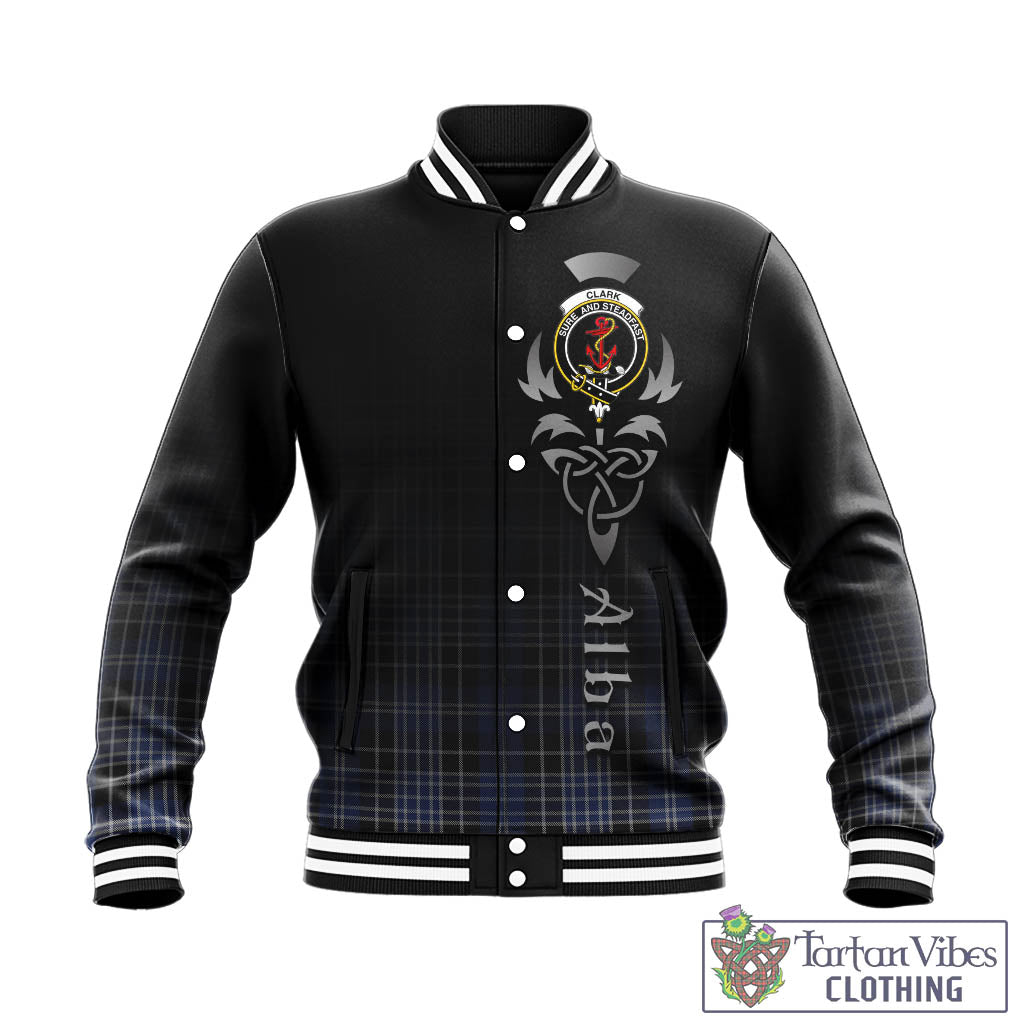 Tartan Vibes Clothing Clark Tartan Baseball Jacket Featuring Alba Gu Brath Family Crest Celtic Inspired