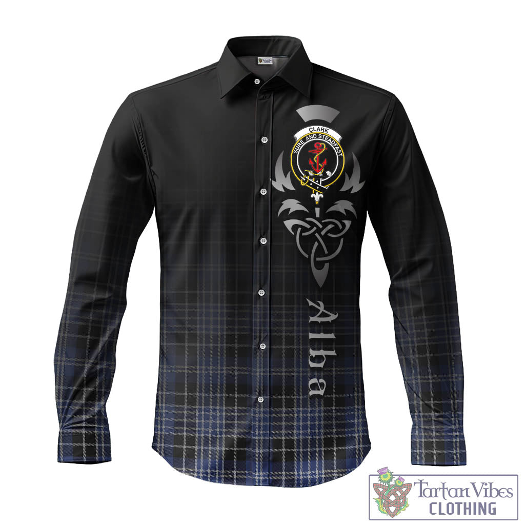 Tartan Vibes Clothing Clark Tartan Long Sleeve Button Up Featuring Alba Gu Brath Family Crest Celtic Inspired