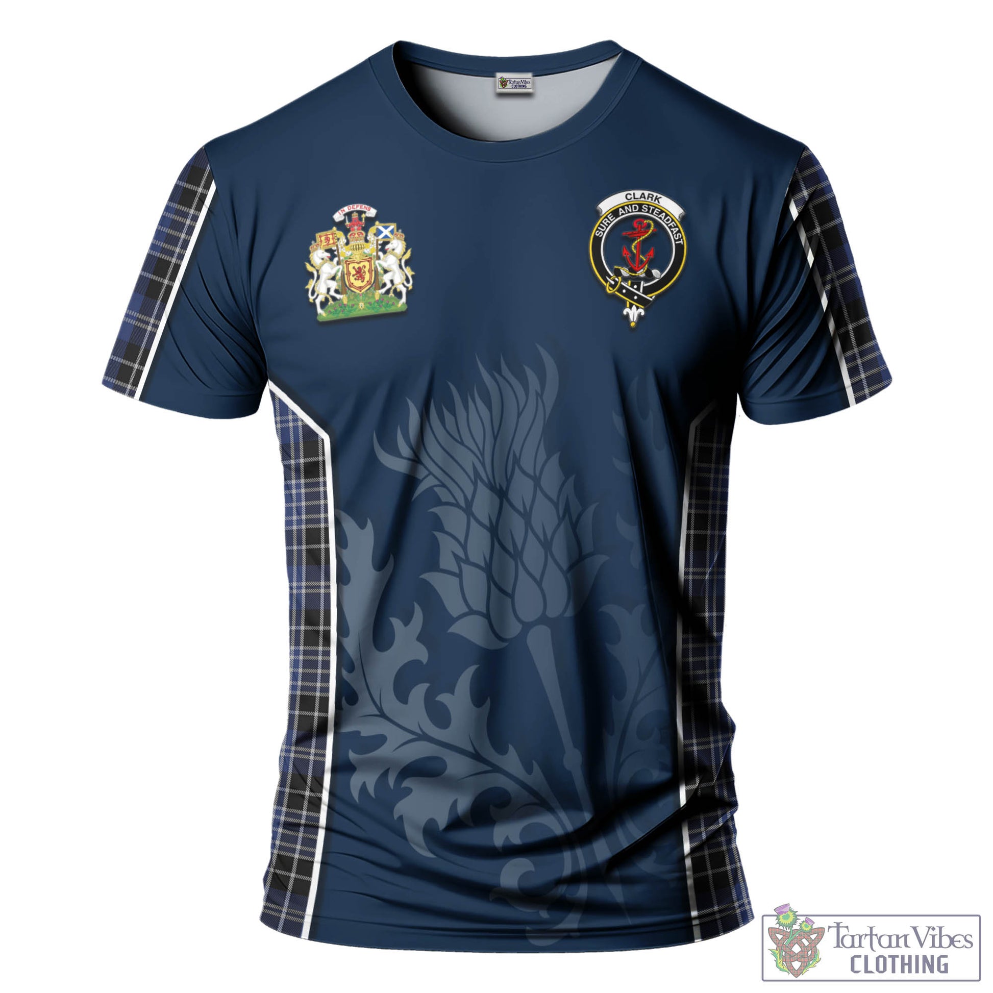 Tartan Vibes Clothing Clark Tartan T-Shirt with Family Crest and Scottish Thistle Vibes Sport Style