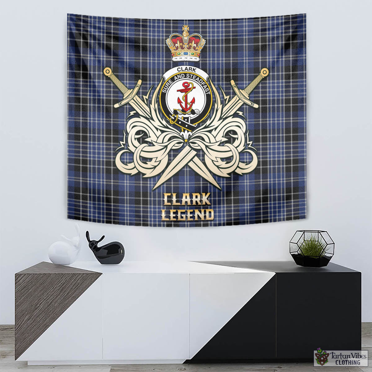 Tartan Vibes Clothing Clark Tartan Tapestry with Clan Crest and the Golden Sword of Courageous Legacy