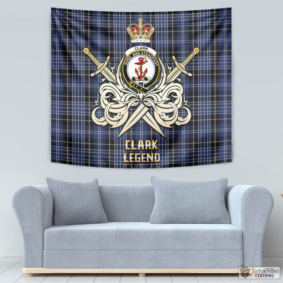 Tartan Vibes Clothing Clark Tartan Tapestry with Clan Crest and the Golden Sword of Courageous Legacy