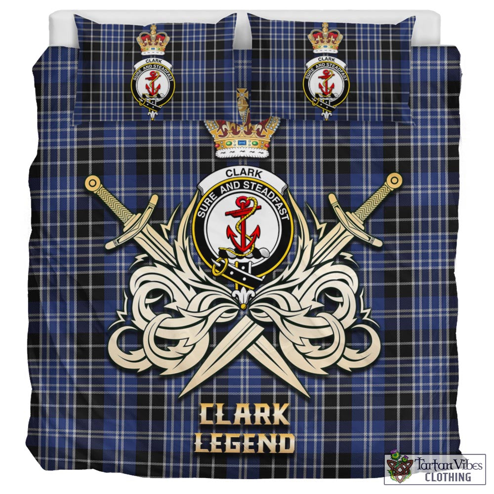 Tartan Vibes Clothing Clark Tartan Bedding Set with Clan Crest and the Golden Sword of Courageous Legacy