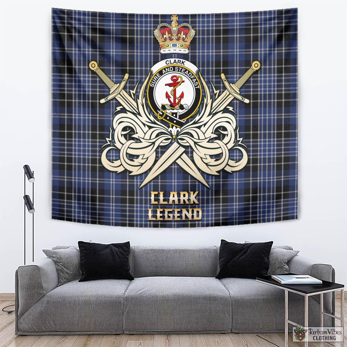 Tartan Vibes Clothing Clark Tartan Tapestry with Clan Crest and the Golden Sword of Courageous Legacy