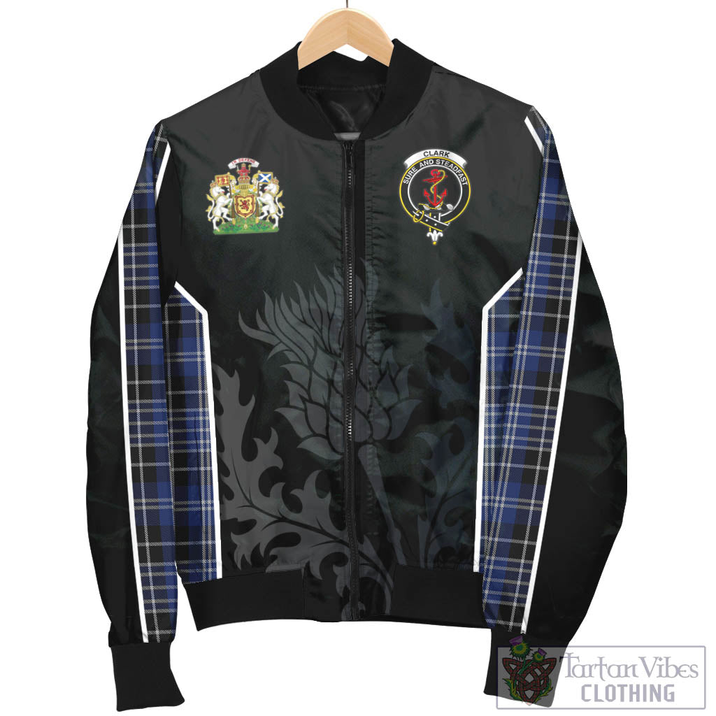 Tartan Vibes Clothing Clark Tartan Bomber Jacket with Family Crest and Scottish Thistle Vibes Sport Style