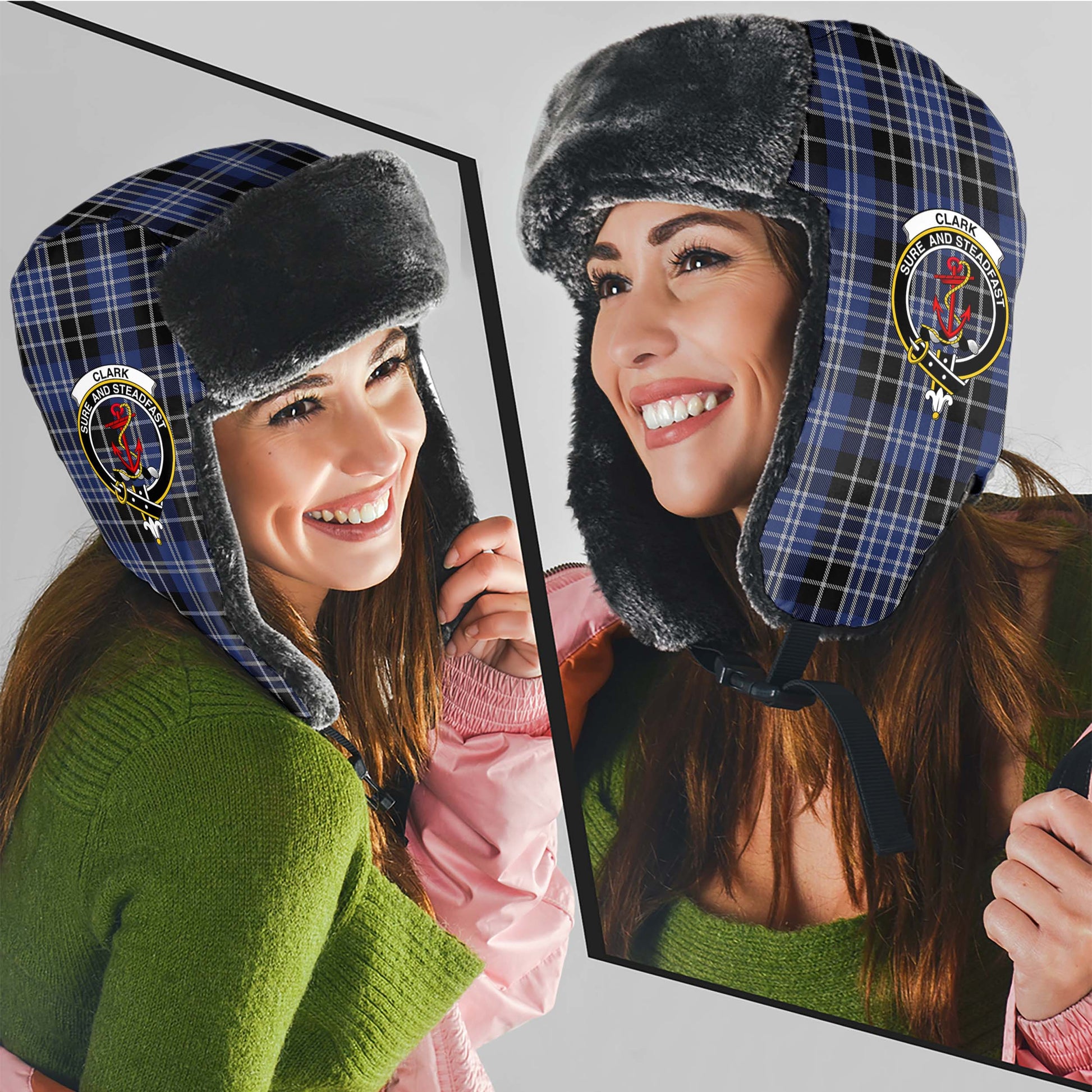 Clark Tartan Winter Trapper Hat with Family Crest - Tartanvibesclothing