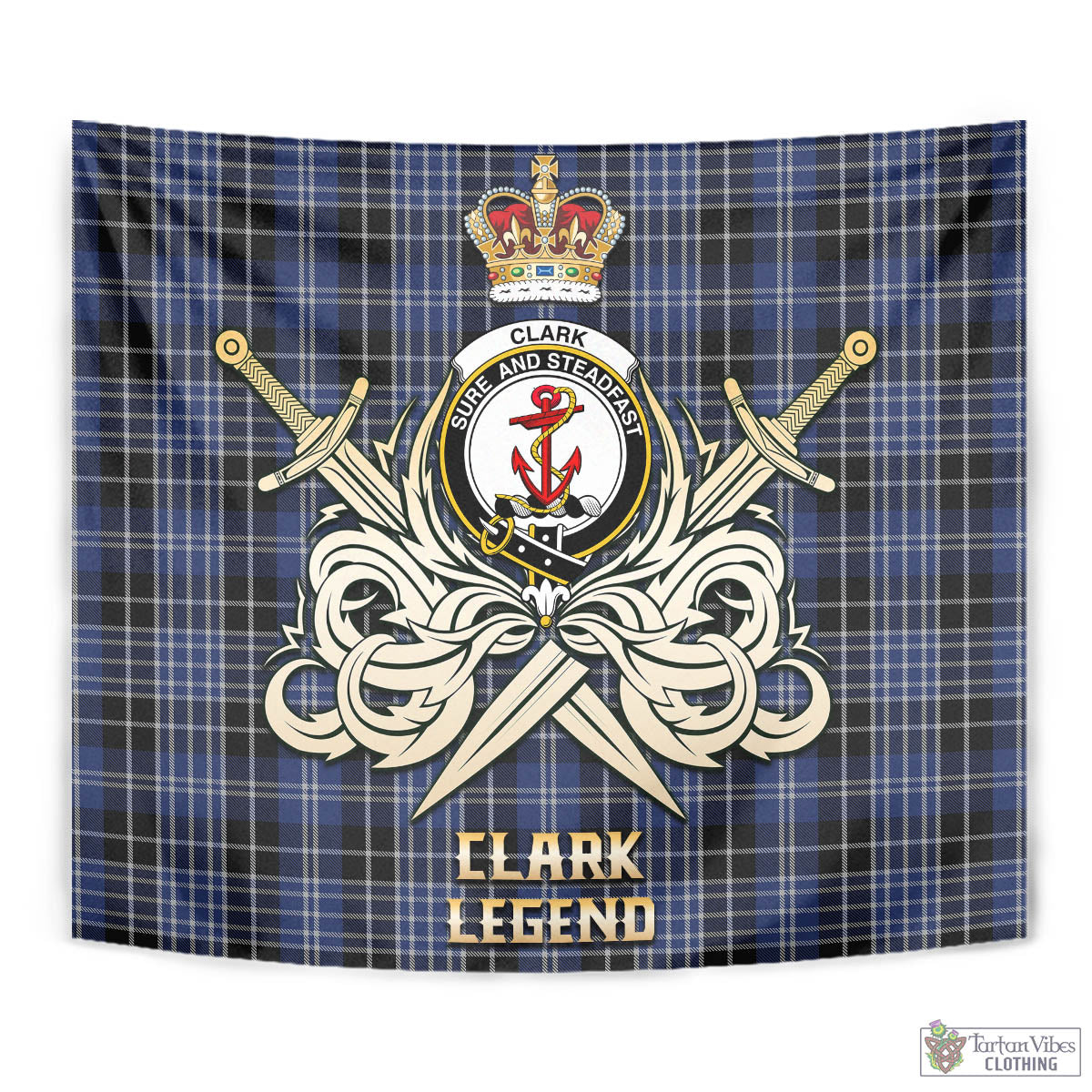 Tartan Vibes Clothing Clark Tartan Tapestry with Clan Crest and the Golden Sword of Courageous Legacy