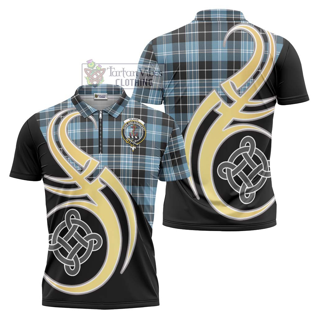 Tartan Vibes Clothing Clark Ancient Tartan Zipper Polo Shirt with Family Crest and Celtic Symbol Style