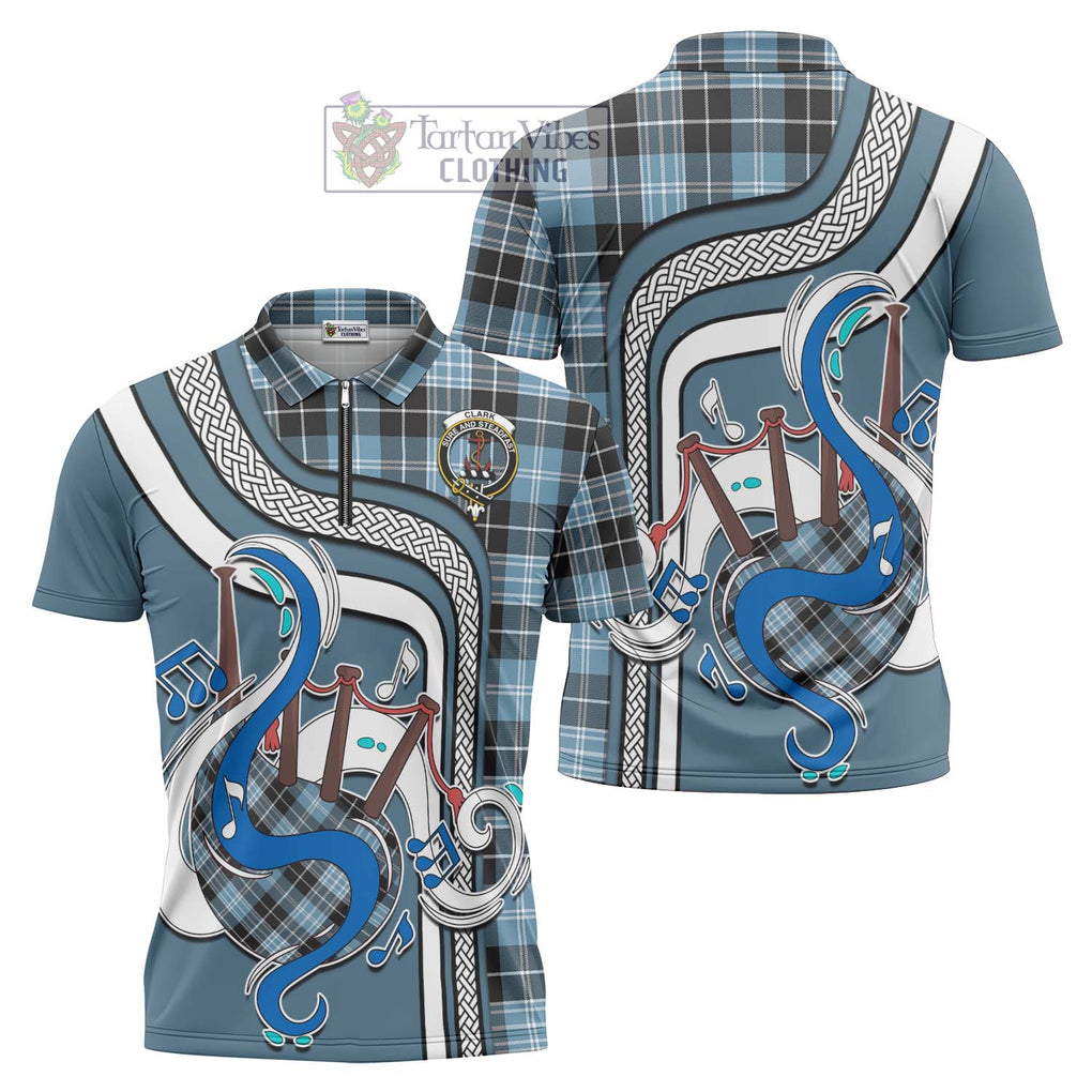 Clark Ancient Tartan Zipper Polo Shirt with Epic Bagpipe Style Unisex - Tartanvibesclothing Shop