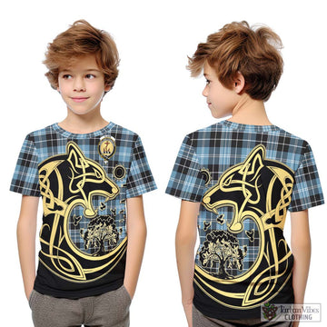 Clark Ancient Tartan Kid T-Shirt with Family Crest Celtic Wolf Style