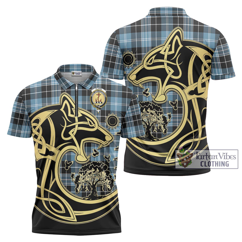 Clark Ancient Tartan Zipper Polo Shirt with Family Crest Celtic Wolf Style Unisex - Tartanvibesclothing Shop