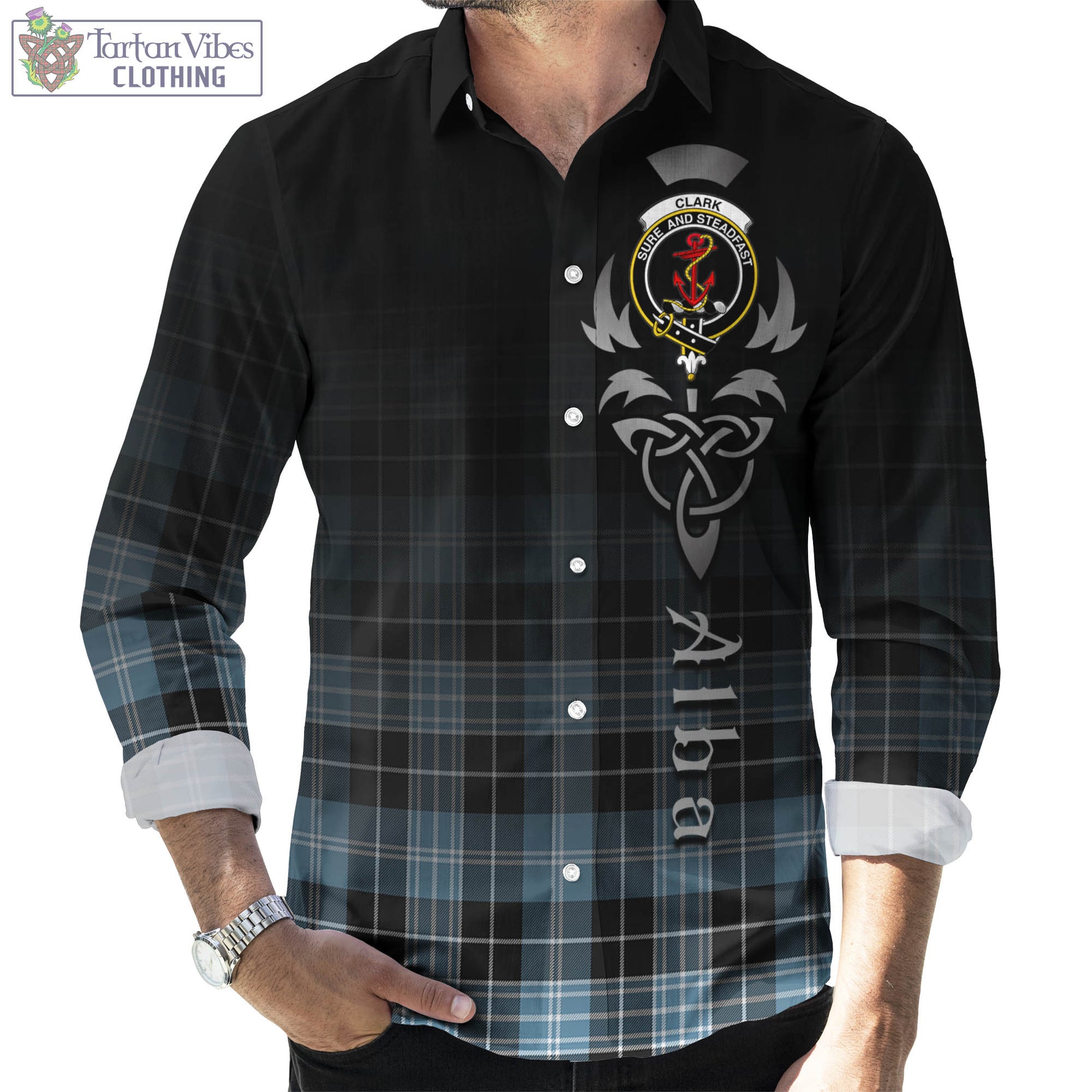 Tartan Vibes Clothing Clark Ancient Tartan Long Sleeve Button Up Featuring Alba Gu Brath Family Crest Celtic Inspired