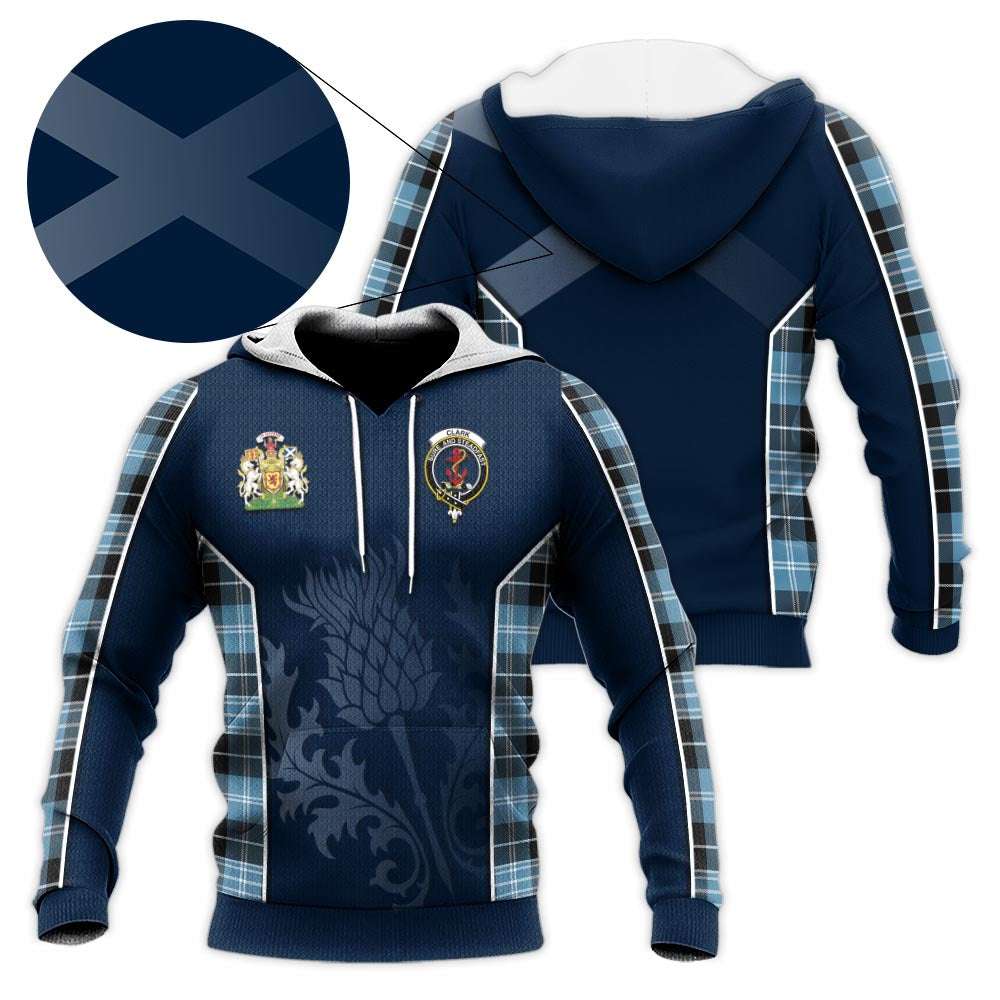 Tartan Vibes Clothing Clark Ancient Tartan Knitted Hoodie with Family Crest and Scottish Thistle Vibes Sport Style