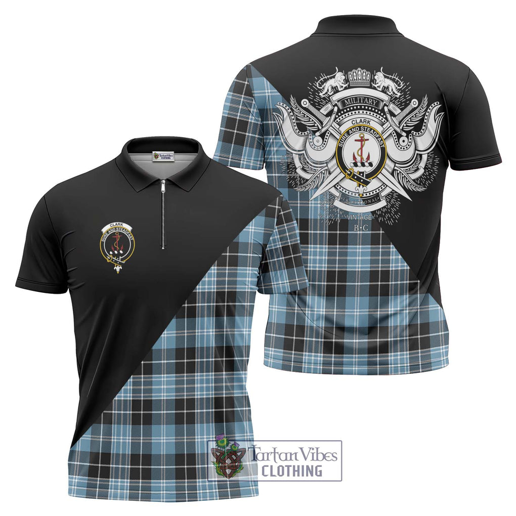 Clark Ancient Tartan Zipper Polo Shirt with Family Crest and Military Logo Style Unisex - Tartanvibesclothing Shop