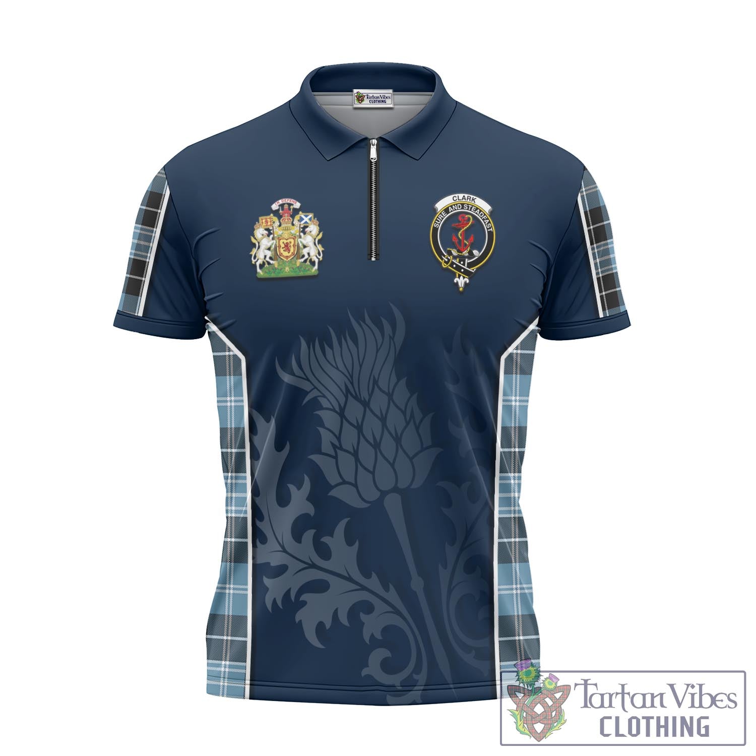 Tartan Vibes Clothing Clark Ancient Tartan Zipper Polo Shirt with Family Crest and Scottish Thistle Vibes Sport Style