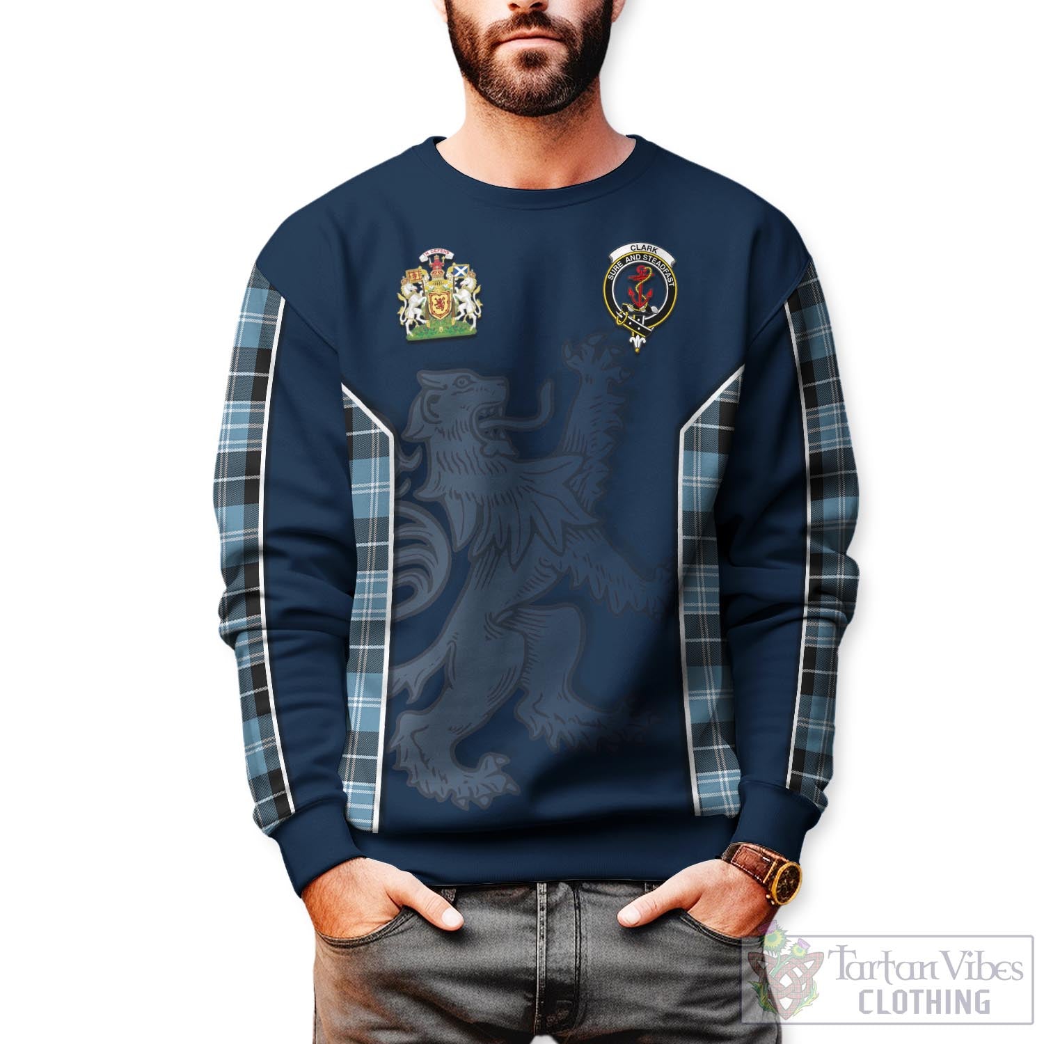 Tartan Vibes Clothing Clark Ancient Tartan Sweater with Family Crest and Lion Rampant Vibes Sport Style