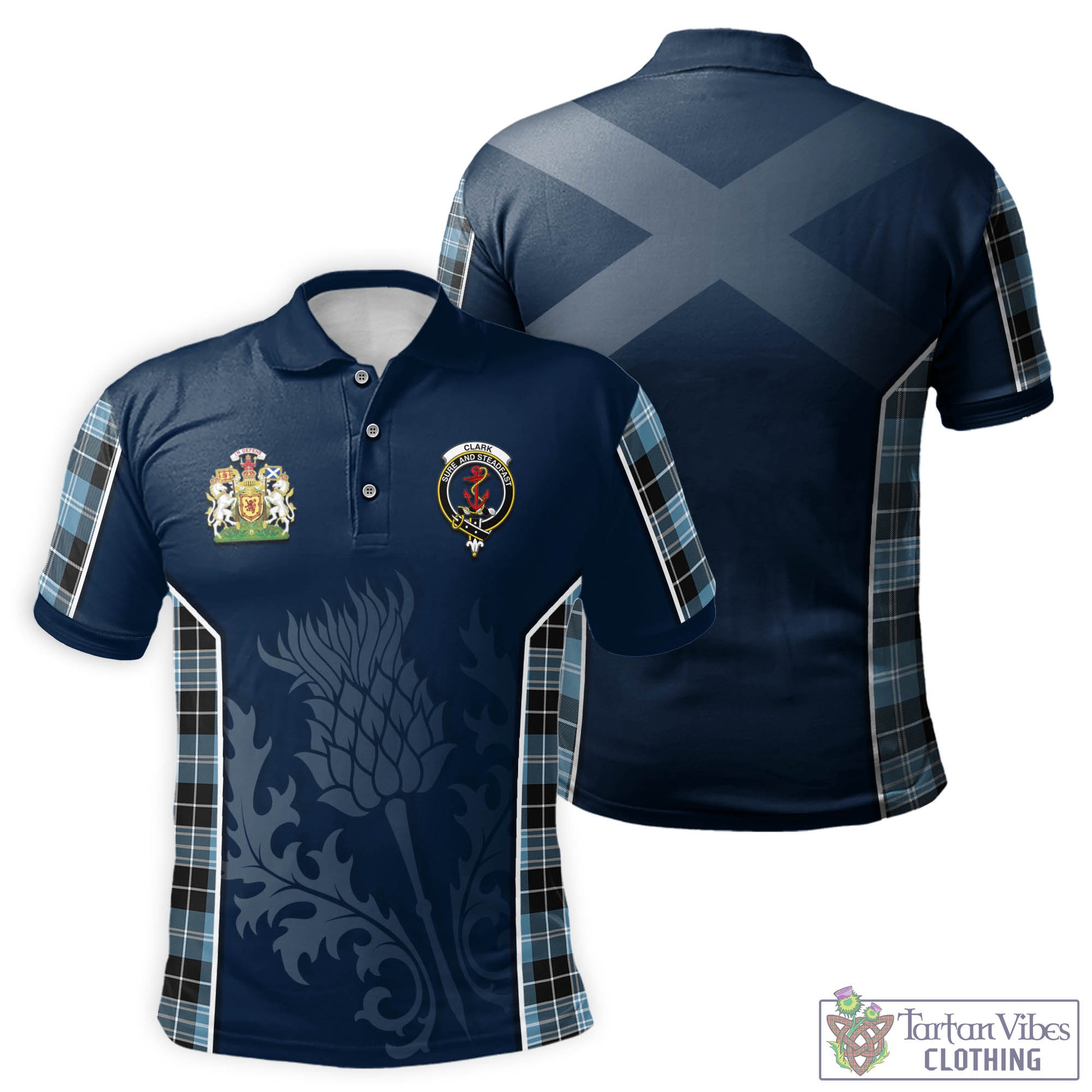 Tartan Vibes Clothing Clark Ancient Tartan Men's Polo Shirt with Family Crest and Scottish Thistle Vibes Sport Style