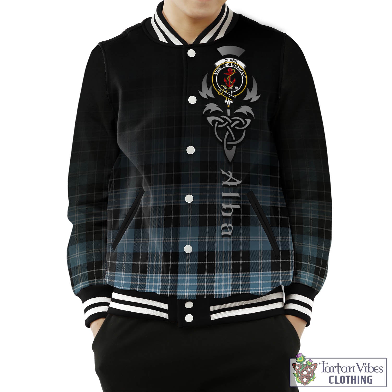 Tartan Vibes Clothing Clark Ancient Tartan Baseball Jacket Featuring Alba Gu Brath Family Crest Celtic Inspired