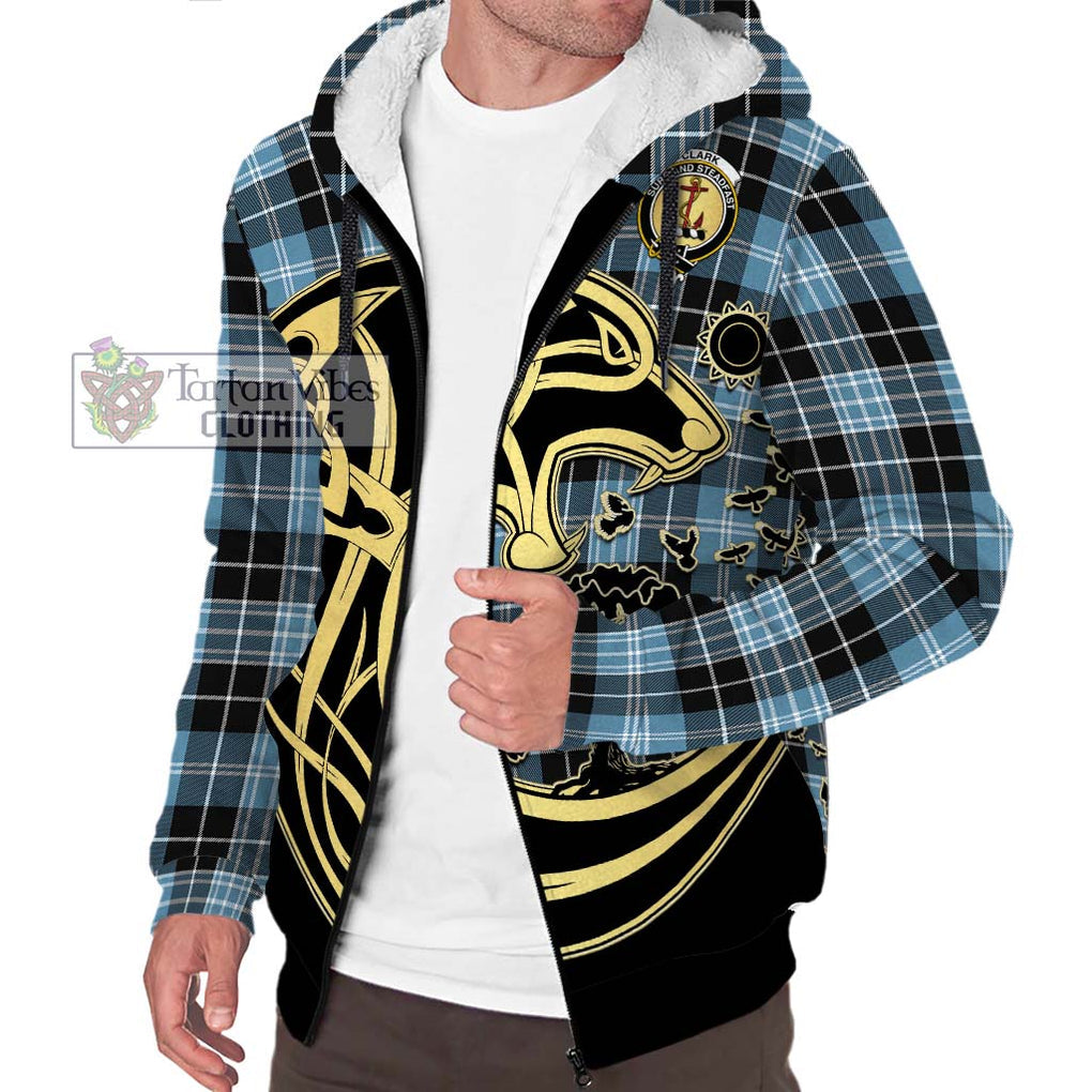 Clark Ancient Tartan Sherpa Hoodie with Family Crest Celtic Wolf Style Unisex S - Tartan Vibes Clothing