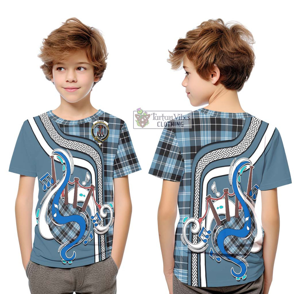 Tartan Vibes Clothing Clark Ancient Tartan Kid T-Shirt with Epic Bagpipe Style