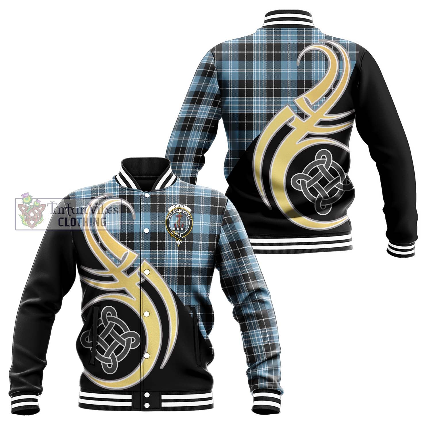 Clark Ancient Tartan Baseball Jacket with Family Crest and Celtic Symbol Style Unisex - Tartan Vibes Clothing