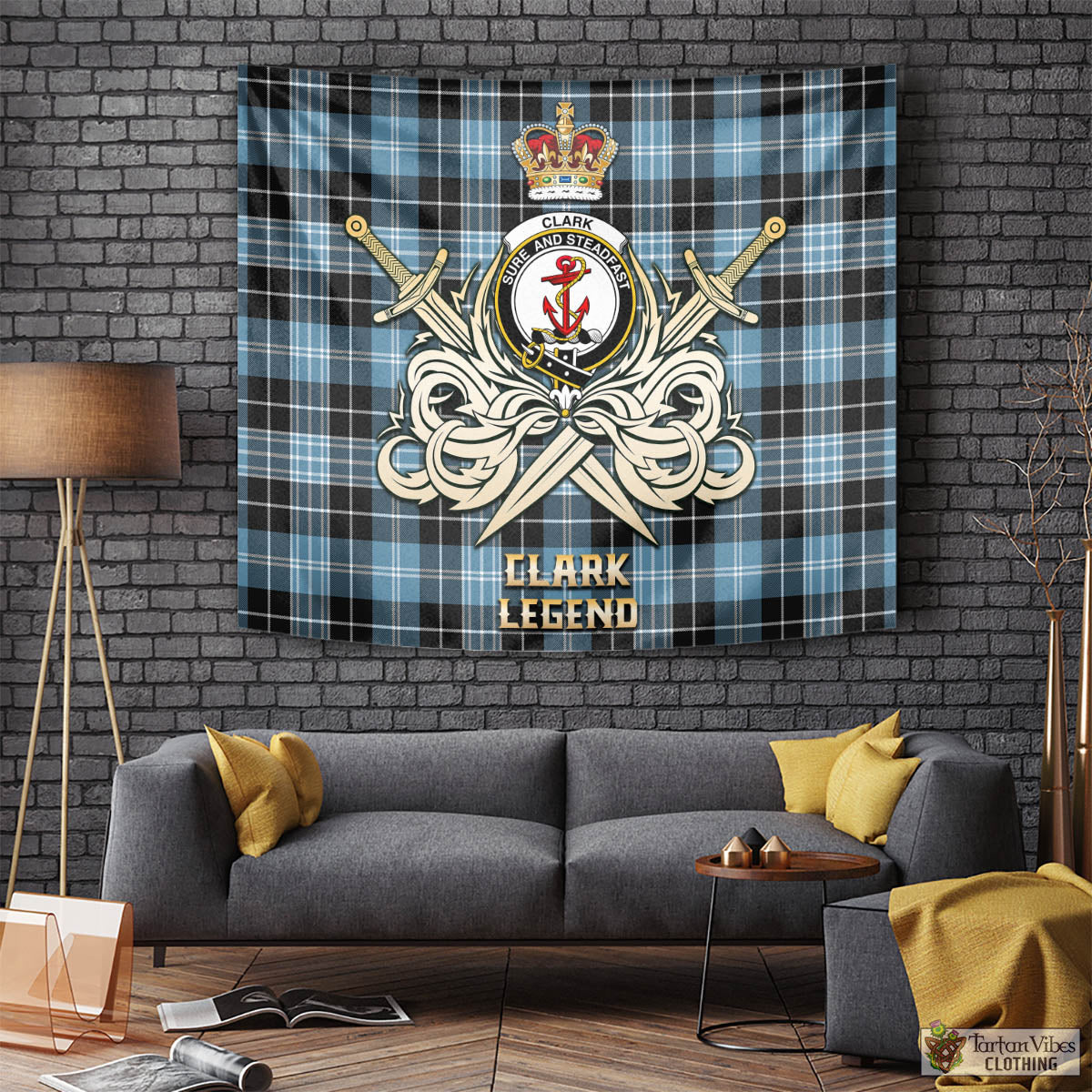 Tartan Vibes Clothing Clark Ancient Tartan Tapestry with Clan Crest and the Golden Sword of Courageous Legacy