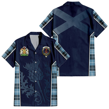 Clark Ancient Tartan Short Sleeve Button Up Shirt with Family Crest and Scottish Thistle Vibes Sport Style