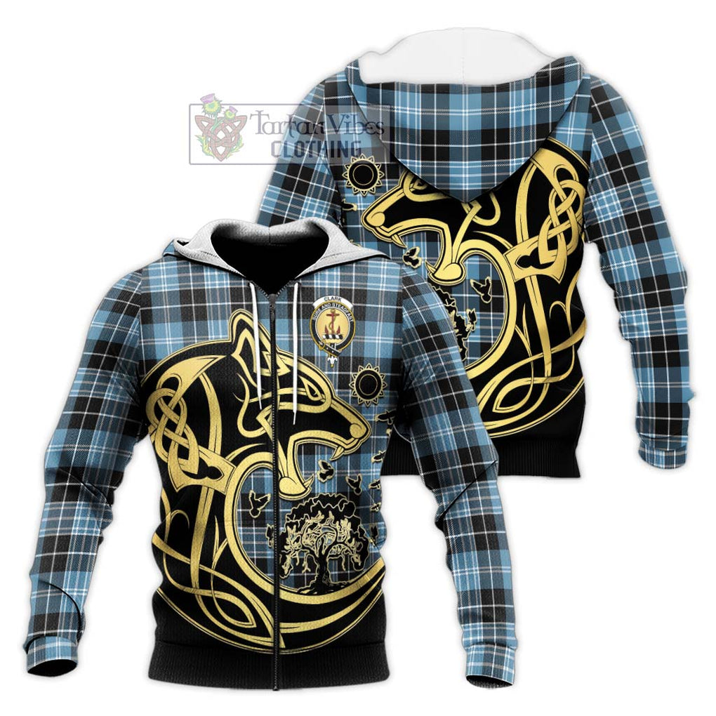 Clark Ancient Tartan Knitted Hoodie with Family Crest Celtic Wolf Style Unisex Knitted Zip Hoodie - Tartan Vibes Clothing