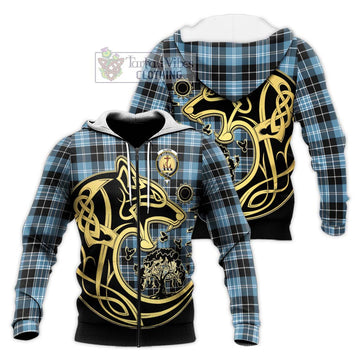 Clark Ancient Tartan Knitted Hoodie with Family Crest Celtic Wolf Style