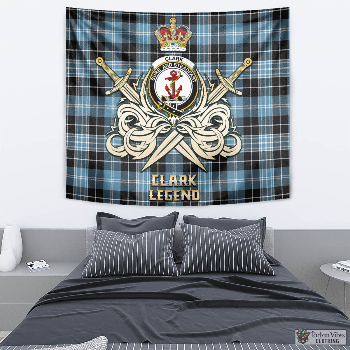 Tartan Vibes Clothing Clark Ancient Tartan Tapestry with Clan Crest and the Golden Sword of Courageous Legacy