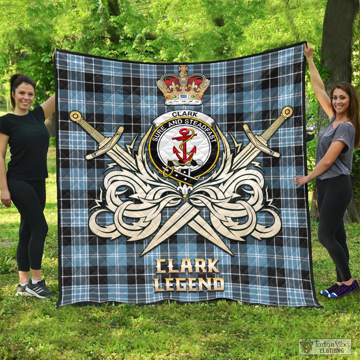 Tartan Vibes Clothing Clark Ancient Tartan Quilt with Clan Crest and the Golden Sword of Courageous Legacy