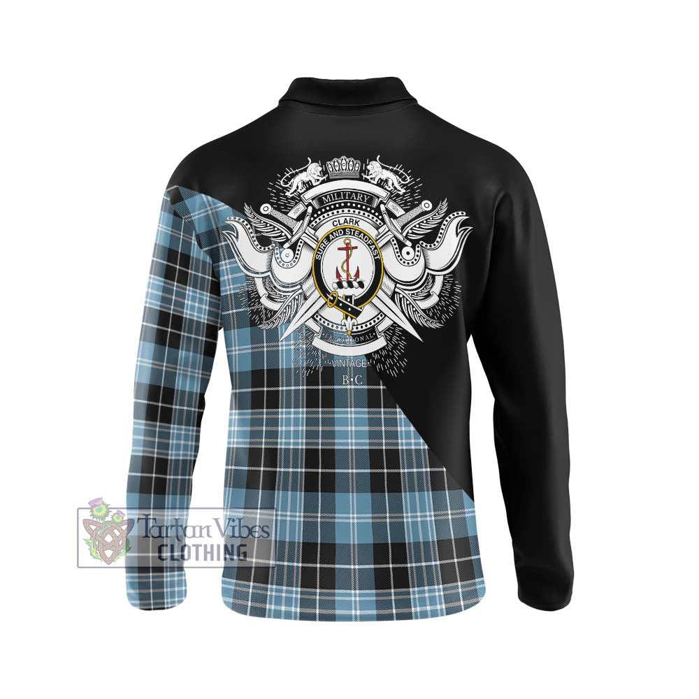 Clark Ancient Tartan Long Sleeve Polo Shirt with Family Crest and Military Logo Style - Tartanvibesclothing Shop