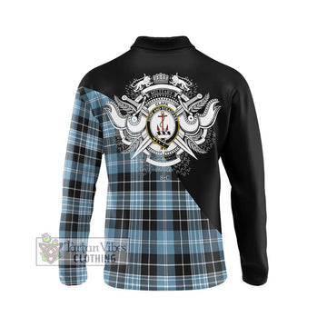 Clark Ancient Tartan Long Sleeve Polo Shirt with Family Crest and Military Logo Style