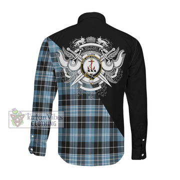 Clark Ancient Tartan Long Sleeve Button Shirt with Family Crest and Military Logo Style