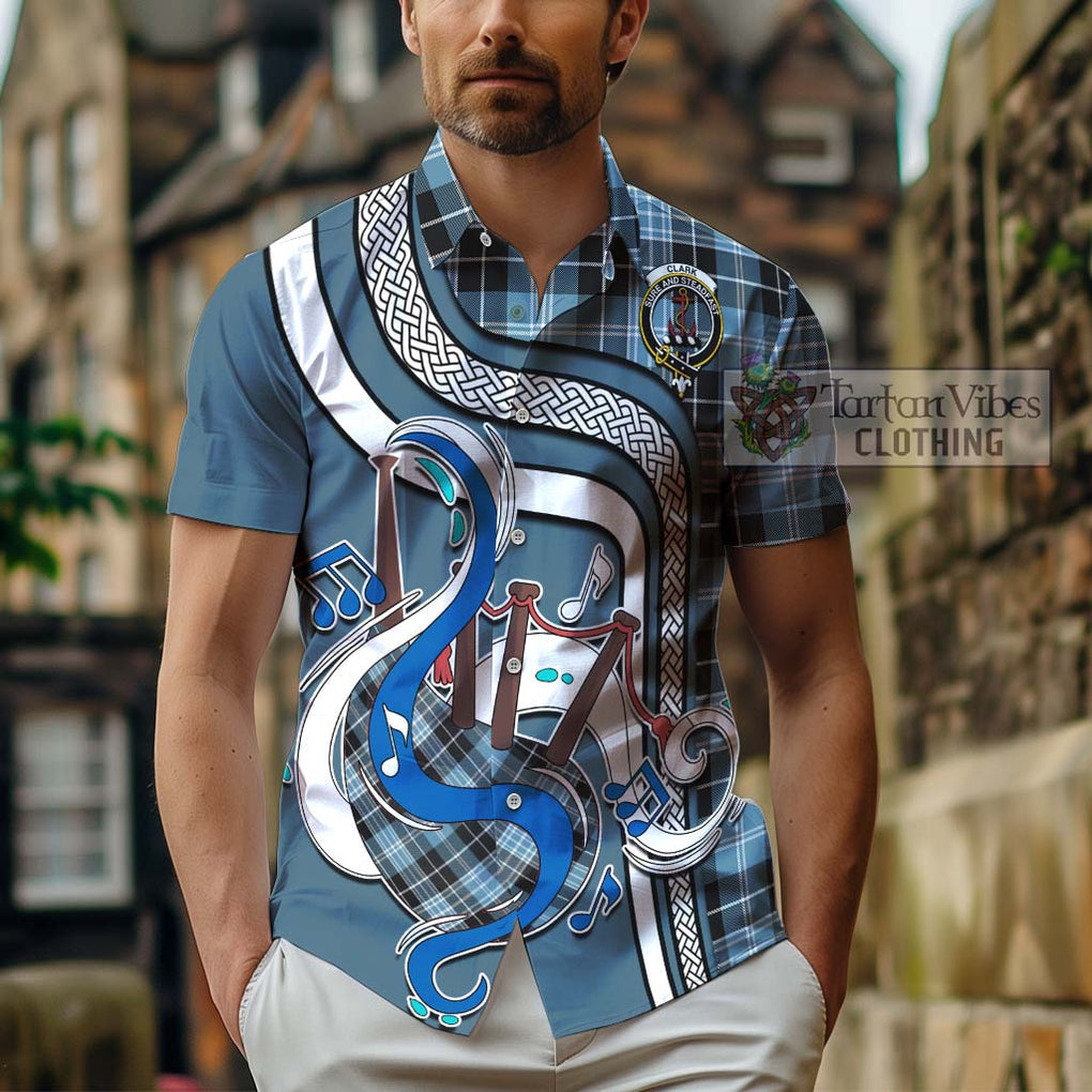 Clark Ancient Tartan Short Sleeve Button Shirt with Epic Bagpipe Style - Tartanvibesclothing Shop