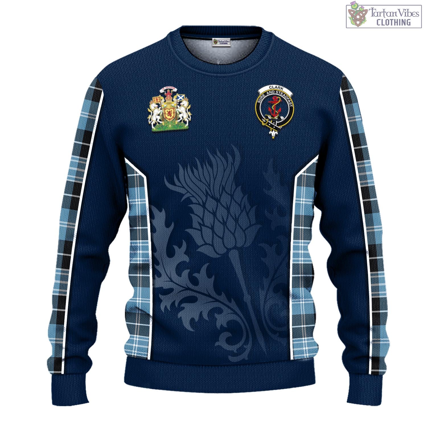 Tartan Vibes Clothing Clark Ancient Tartan Knitted Sweatshirt with Family Crest and Scottish Thistle Vibes Sport Style