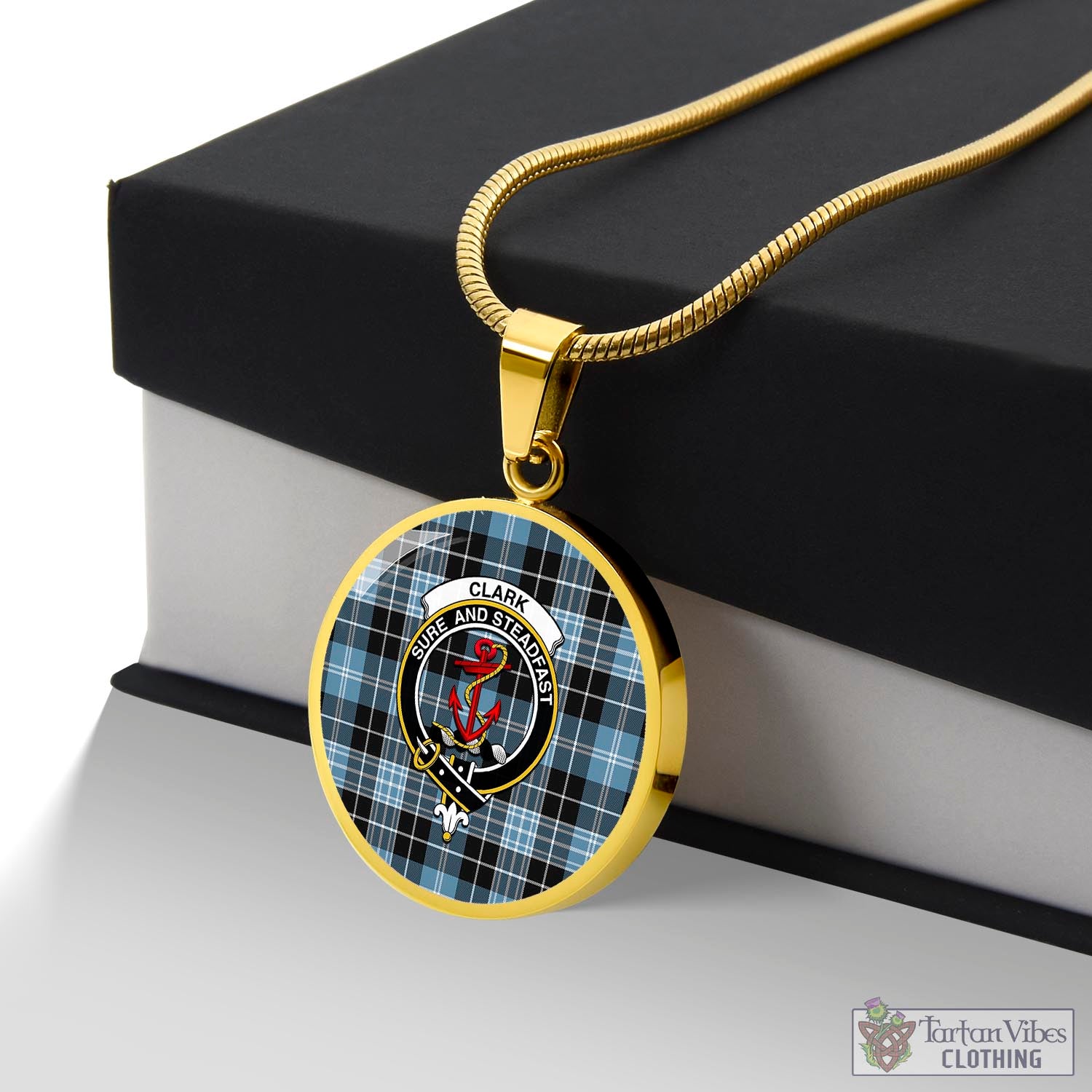 Tartan Vibes Clothing Clark Ancient Tartan Circle Necklace with Family Crest