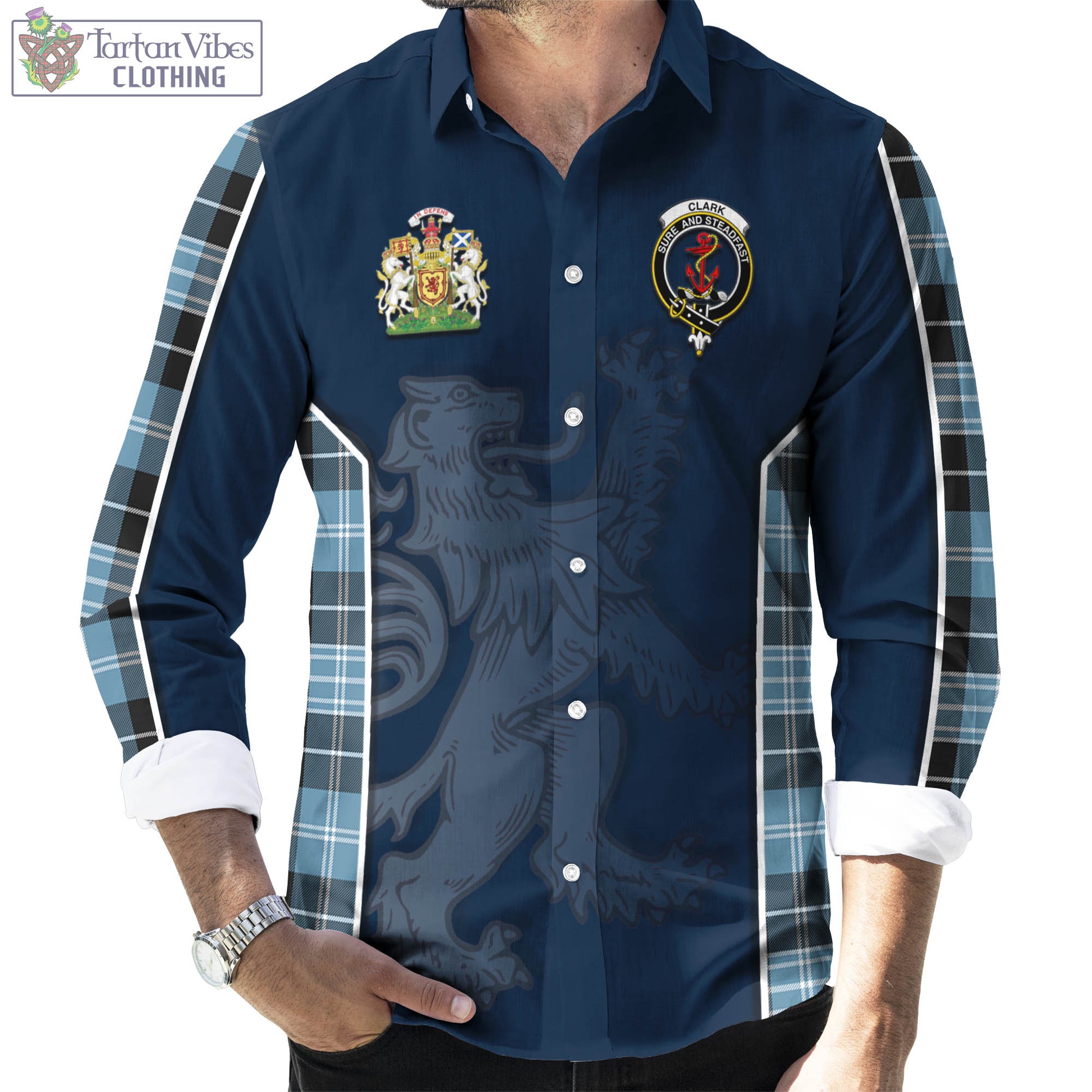 Tartan Vibes Clothing Clark Ancient Tartan Long Sleeve Button Up Shirt with Family Crest and Lion Rampant Vibes Sport Style